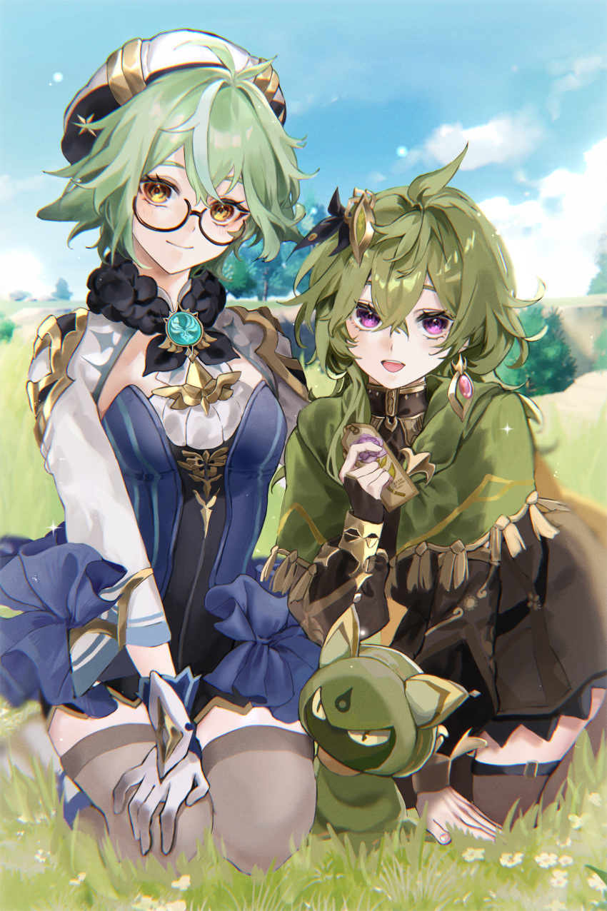 2girls absurdres black_collar black_dress breasts brown_thighhighs capelet closed_mouth collar collei_(genshin_impact) cuilein-anbar_(genshin_impact) dress frills fur_collar genshin_impact glasses gloves green_capelet green_eyes hair_ornament highres long_sleeves looking_at_viewer multiple_girls open_mouth seiza semi-rimless_eyewear seventime_7 short_dress short_hair sitting small_breasts smile sucrose_(genshin_impact) thigh-highs violet_eyes vision_(genshin_impact) white_gloves yellow_eyes zettai_ryouiki