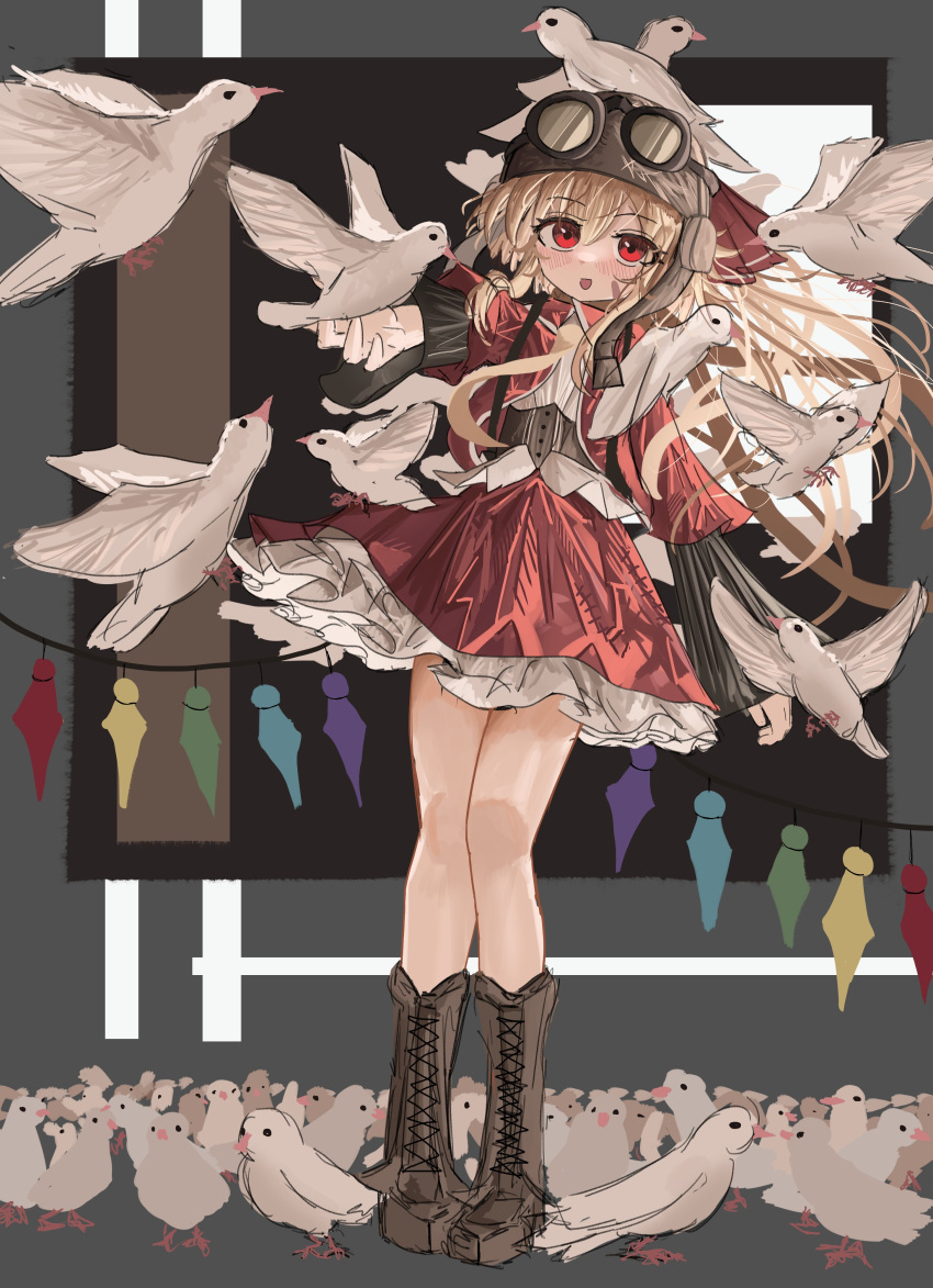 1girl absurdres animal_on_head aviator_cap bird bird_on_head blonde_hair brown_footwear commentary cross-laced_footwear crystal english_commentary flandre_scarlet full_body goggles highres long_sleeves looking_at_viewer medium_hair multicolored_background on_head one_side_up ougiikun rainbow_order red_eyes red_skirt skirt touhou wings