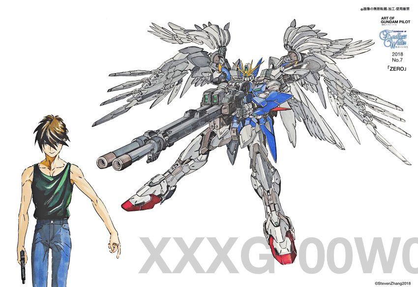 1boy 2018 absurdres aiming bare_shoulders beam_rifle blue_eyes blue_pants brown_hair character_name closed_mouth commentary copyright_name energy_gun english_commentary green_shirt gun gundam gundam_wing gundam_wing_endless_waltz hair_between_eyes handgun heero_yuy highres holding holding_gun holding_weapon looking_at_viewer marker_(medium) mecha mechanical_wings mobile_suit pants robot science_fiction shirt short_hair sleeveless sleeveless_shirt smile steven_(sz0097) tank_top traditional_media v-fin weapon wing_gundam_zero_custom wings