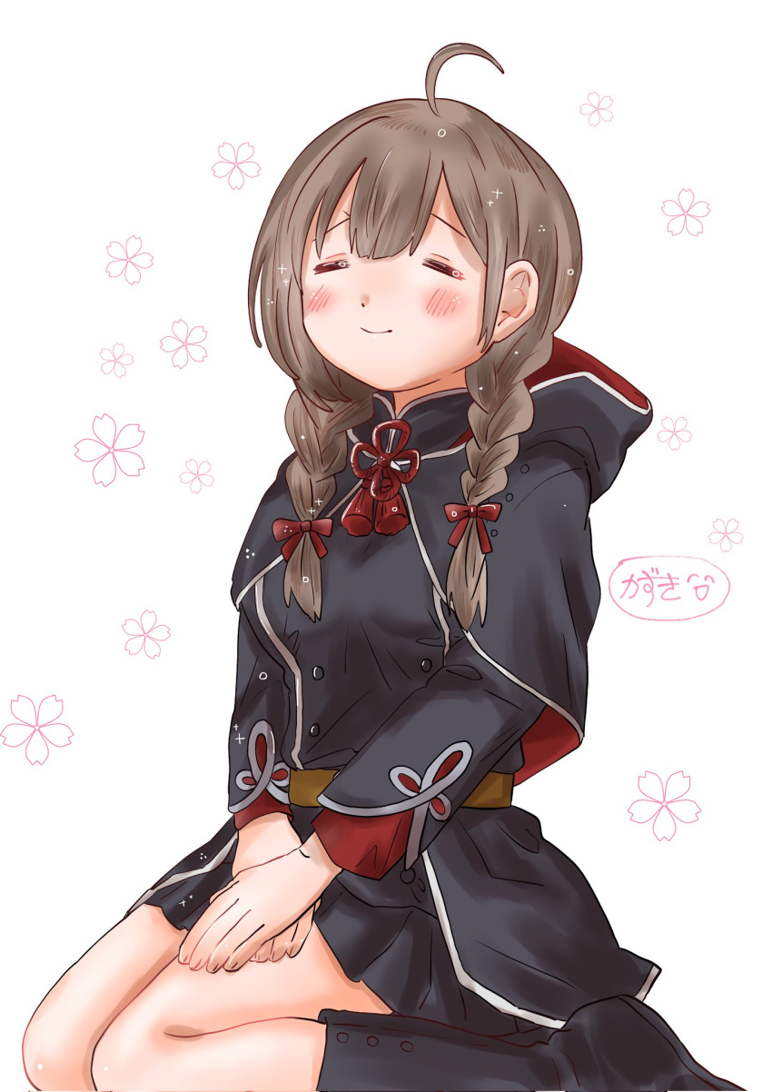 1girl ahoge black_capelet black_dress black_socks braid breasts brown_hair capelet closed_eyes dress hands_on_lap highres hood hooded_capelet kantai_collection kazuki_(tamagocci0315r) large_breasts long_hair long_sleeves one-hour_drawing_challenge own_hands_together seiza shinshuu_maru_(kancolle) sitting socks solo twin_braids v_arms white_background