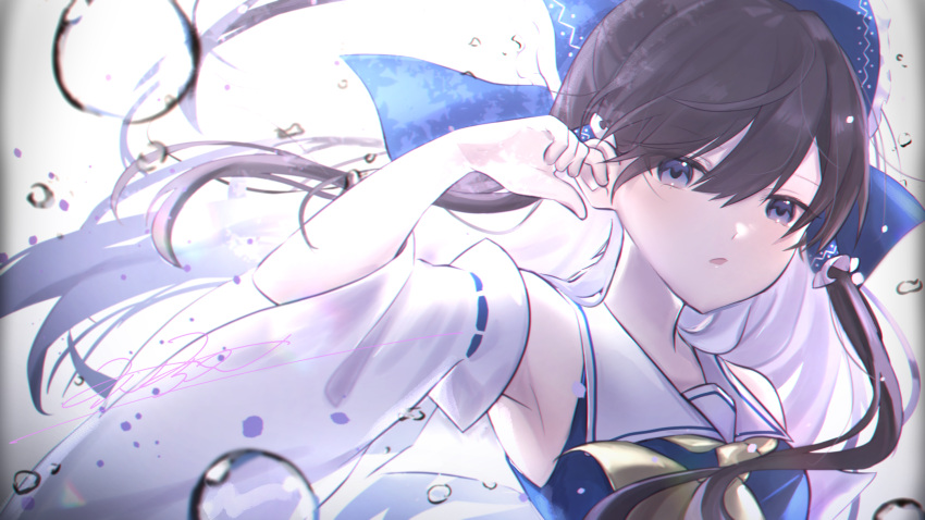 1girl ascot bare_shoulders black_hair blue_bow blue_eyes bow detached_sleeves hair_bow hair_tubes hakurei_reimu highres japanese_clothes long_hair nontraditional_miko portrait ribbon-trimmed_sleeves ribbon_trim rokuya_(68_zusao) sidelocks signature solo touhou water_drop white_sleeves wide_sleeves yellow_ascot