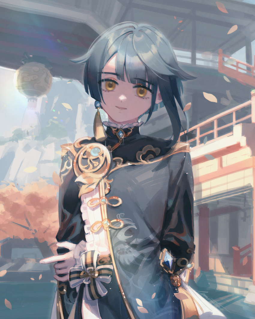 1boy absurdres blue_hair brooch chinese_clothes commentary earrings english_commentary frilled_shirt_collar frilled_sleeves frills genshin_impact highres jewelry lemontea long_coat long_sleeves looking_at_viewer male_focus single_earring smile solo tassel tassel_earrings vision_(genshin_impact) xingqiu_(genshin_impact) yellow_eyes