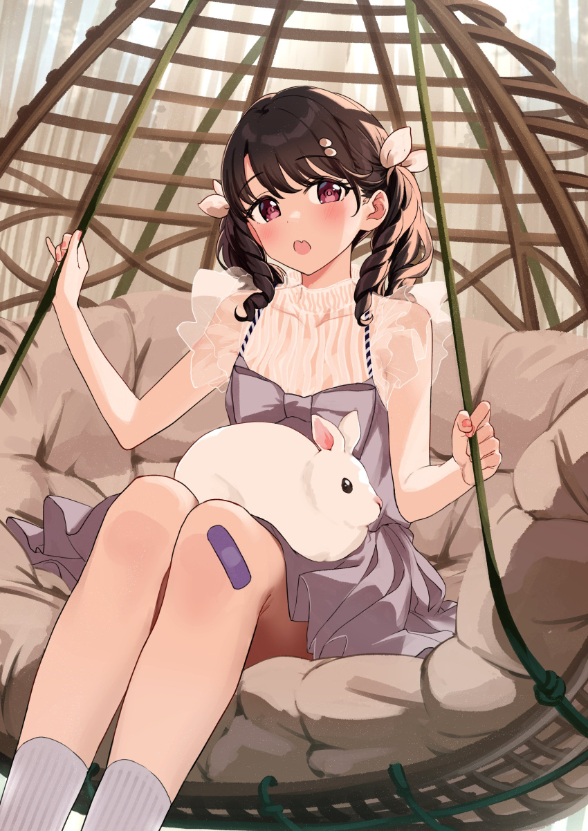 1girl absurdres bandaid blush cushion dress fukumaru_koito hair_ornament hanging_chair highres idolmaster idolmaster_shiny_colors looking_at_viewer nonbire open_mouth rabbit ribbon see-through see-through_sleeves sitting skirt solo suspender_skirt suspenders twintails white_dress