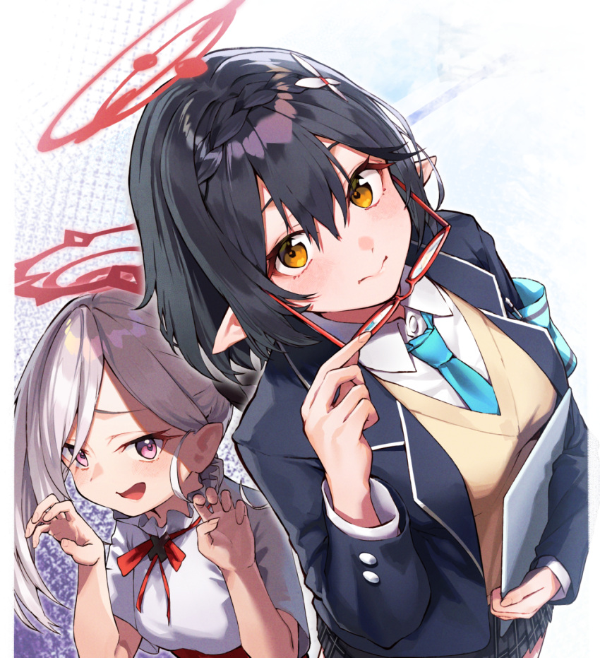 2girls ayane_(blue_archive) black_cola black_hair black_jacket blazer blue_archive blue_necktie breasts closed_mouth collared_shirt commentary_request eyewear_removed glasses grey_hair grey_skirt hair_between_eyes halo highres holding holding_eyewear jacket multiple_girls mutsuki_(blue_archive) necktie open_clothes open_jacket open_mouth orange_eyes plaid plaid_skirt pleated_skirt pointy_ears red-framed_eyewear school_uniform shirt skirt small_breasts sweater_vest violet_eyes white_shirt