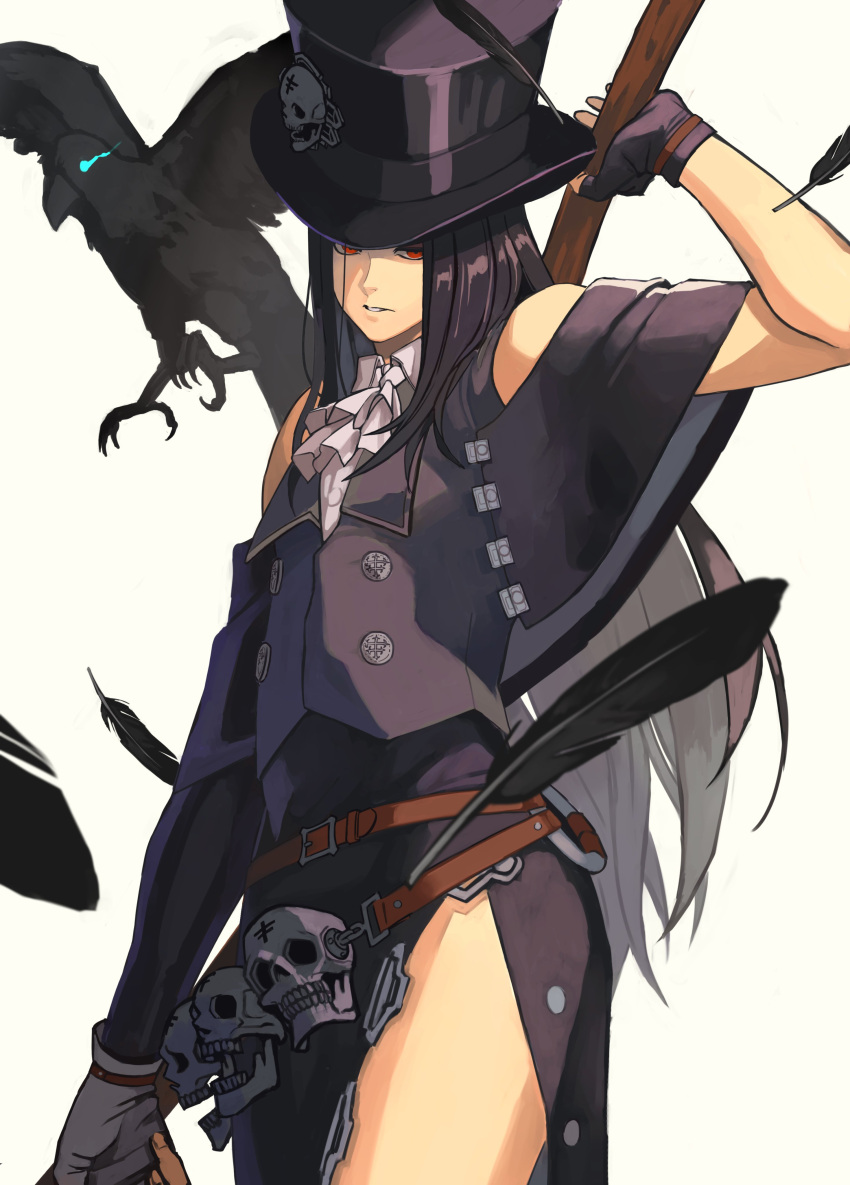 1other absurdres androgynous ascot asymmetrical_gloves bare_shoulders bird black_feathers black_gloves black_hair chriscas crow feathers fingerless_gloves gloves guilty_gear guilty_gear_strive hat hat_ornament highres holding holding_scythe long_hair looking_at_viewer other_focus parted_lips red_eyes scythe skull skull_hat_ornament testament_(guilty_gear) top_hat white_ascot white_gloves