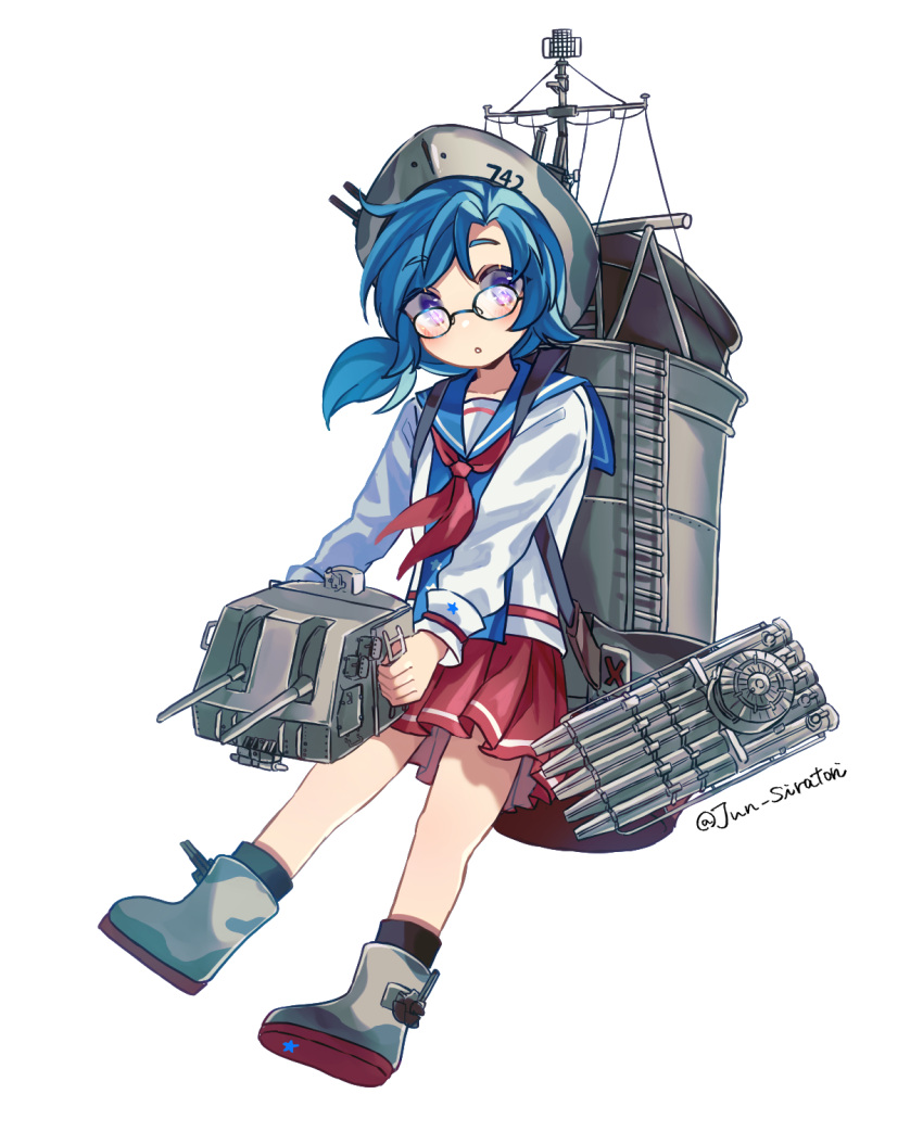 1girl :o black-framed_eyewear black_socks blue_sailor_collar cannon commentary_request frank_knox_(warship_girls_r) full_body glasses grey_footwear grey_headwear highres holding long_hair looking_at_viewer machinery neckerchief parted_lips pleated_skirt red_neckerchief red_skirt sailor_collar shiratori_(jun_siratori) shirt shoes simple_background skirt socks solo thick_eyebrows turret twitter_username violet_eyes warship_girls_r white_background white_shirt