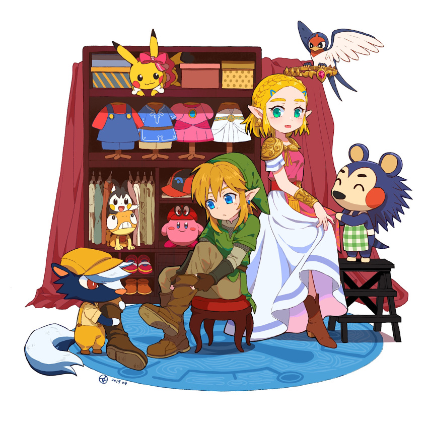 2boys 2girls ^_^ animal_crossing armor bird blonde_hair blue_eyes blush blush_stickers boots bow box bracer braid brown_footwear brown_gloves brown_headwear brown_overalls brown_pants cabbie_hat cappy_(mario) closed_eyes closed_mouth clothes_hanger clothes_lift commentary crown crown_braid curtains dated dress ear_bow earrings emolga english_commentary fingerless_gloves flying forehead gloves green_eyes green_headwear green_shirt green_tunic hair_between_eyes hair_ornament hairclip hat hedgehog_girl highres jewelry kicks_(animal_crossing) kirby kirby_(series) layered_sleeves link long_sleeves mabel_able_(animal_crossing) medium_hair multiple_boys multiple_girls open_mouth overalls pants parted_bangs pikachu pink_bow pink_dress pointy_ears pokemon pokemon_(creature) princess_zelda red_eyes red_headwear rutiwa scraggy shirt short_hair short_over_long_sleeves short_sleeves shoulder_armor sidelocks simple_background sitting skirt skirt_lift skunk_boy smile standing stool super_mario_bros. super_mario_odyssey taillow the_legend_of_zelda the_legend_of_zelda:_a_link_between_worlds the_legend_of_zelda:_breath_of_the_wild triforce triforce_earrings tunic vambraces wardrobe white_background white_dress yellow_shirt