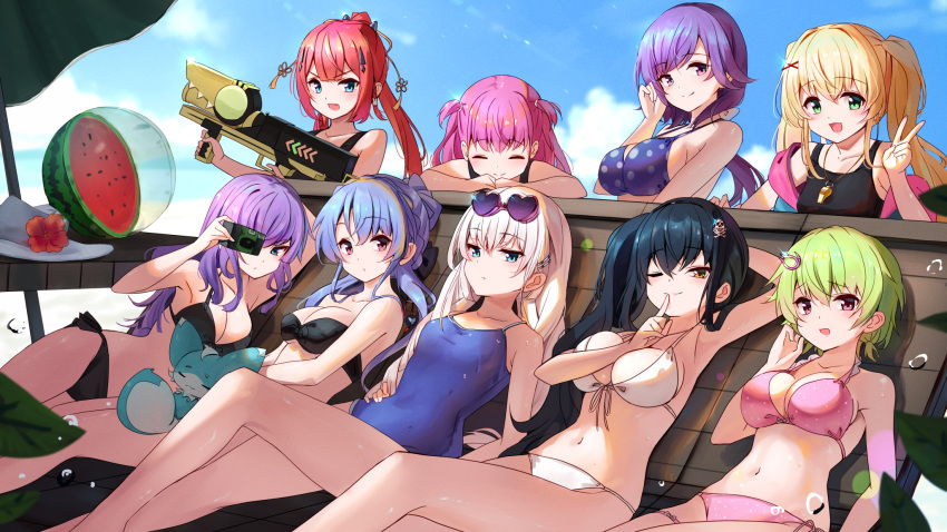 6+girls beach beach_umbrella bikini black_bikini blonde_hair blue_eyes blue_hair blue_sky braid breasts camera clouds eyewear_on_head finger_to_mouth flower food fruit green_eyes green_hair hair_ornament hairclip heart heart-shaped_eyewear highres holding holding_camera inari_(summer_pockets) kamiyama_shiki katou_umi kushima_kamome large_breasts long_hair looking_at_viewer lying mizuori_shizuku multiple_girls naruse_shiroha nomura_miki on_back open_mouth pink_bikini pink_eyes pink_hair polka_dot polka_dot_bikini purple_hair redhead school_swimsuit short_hair siblings side_ponytail sisters sky smile sorakado_ai sorakado_ao summer_pockets sunbathing swimsuit tagame_(tagamecat) tsumugi_wenders twintails umbrella v victory_pose violet_eyes water_gun watermelon whistle whistle_around_neck white_bikini white_hair x_hair_ornament