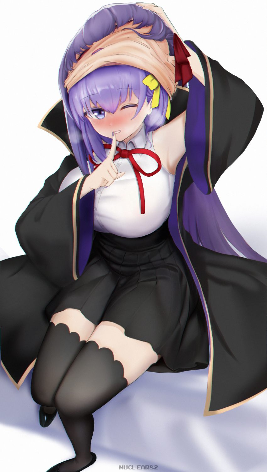 1girl absurdres animegao bare_shoulders bb_(fate) black_coat blush bow breasts coat collared_leotard commission cosplay fate/extra fate/extra_ccc fate_(series) highres kazuradrop_(fate) kigurumi large_breasts long_hair looking_at_viewer nuclear82 open_mouth pixiv_commission popped_collar purple_hair red_ribbon ribbon short_hair skinsuit smile solo thigh-highs very_long_hair violet_eyes yellow_bow