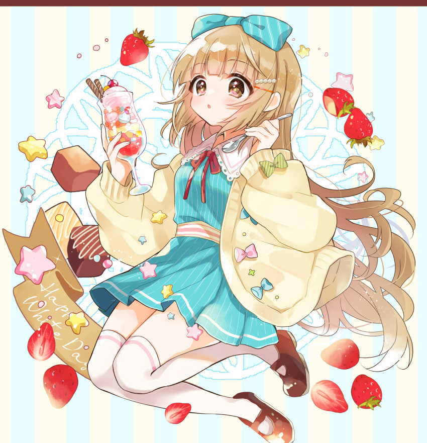 1girl absurdres brown_eyes brown_hair cardigan cherry dress food fruit highres ice_cream idolmaster idolmaster_cinderella_girls idolmaster_cinderella_girls_starlight_stage long_hair motimotica open_mouth pantyhose parfait ribbon solo spoon strawberry white_day yellow_cardigan yorita_yoshino