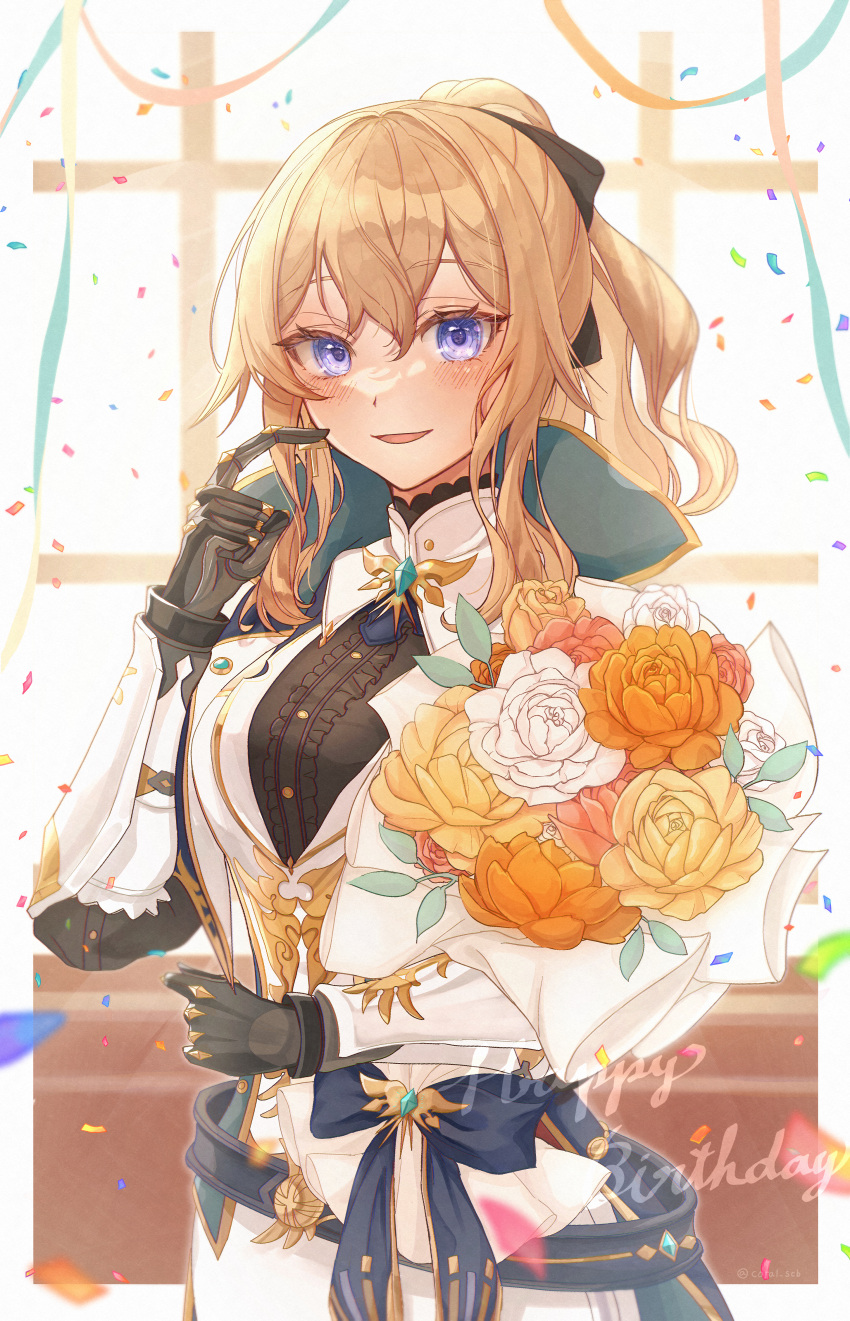 1girl absurdres black_bow black_gloves blonde_hair blue_capelet blue_eyes blush bouquet bow breasts capelet commentary_request cowboy_shot detached_sleeves flower genshin_impact gloves hair_between_eyes hair_bow happy_birthday highres holding holding_bouquet jean_(genshin_impact) jean_(gunnhildr's_legacy)_(genshin_impact) long_hair looking_at_viewer medium_breasts official_alternate_costume pants ponytail sidelocks sindo_pink solo white_armor white_pants