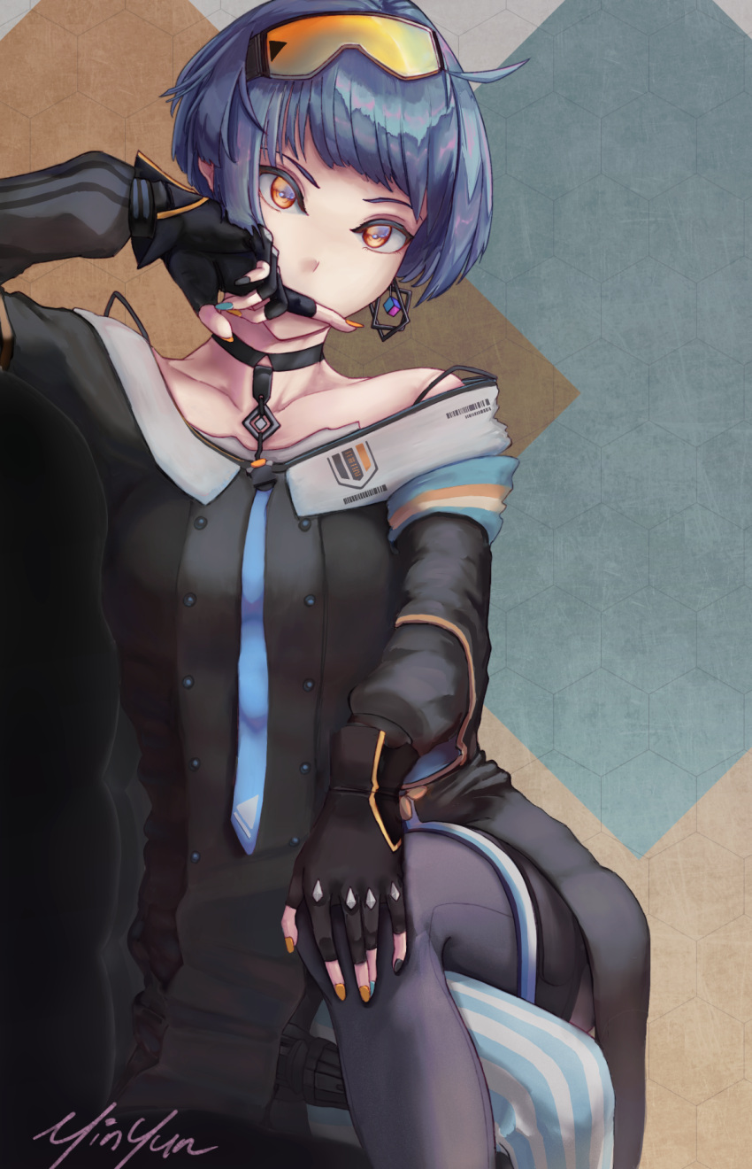 1girl ahoge asymmetrical_legwear black_gloves black_jacket blue_hair choker collarbone covered_mouth cowboy_shot crossed_legs earrings english_commentary fingerless_gloves girls_frontline gloves goggles goggles_on_head highres jacket jewelry looking_at_viewer mismatched_legwear multicolored_nails off-shoulder_jacket off_shoulder orange_eyes orange_goggles short_hair signature single_earring sitting solo yinyun zas_m21_(girls'_frontline)