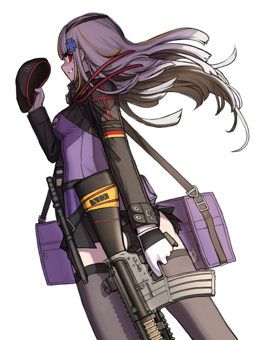 1girl assault_rifle bag beret black_panties cheogtanbyeong cosplay cross_hair_ornament eyepatch from_behind german_flag girls_frontline gloves gun h&amp;k_hk416 hair_ornament hat hat_removed headwear_removed highres hk416_(girls'_frontline) hk416_(girls'_frontline)_(cosplay) holding holding_gun holding_weapon holstered_weapon knife knife_holster long_hair looking_at_viewer m16a1_(boss)_(girls'_frontline) m16a1_(girls'_frontline) military_jacket multicolored_hair panties pantyshot pleated_skirt removing_headwear rifle shoulder_bag skirt smile standing streaked_hair thigh-highs underwear weapon white_background white_gloves white_hair