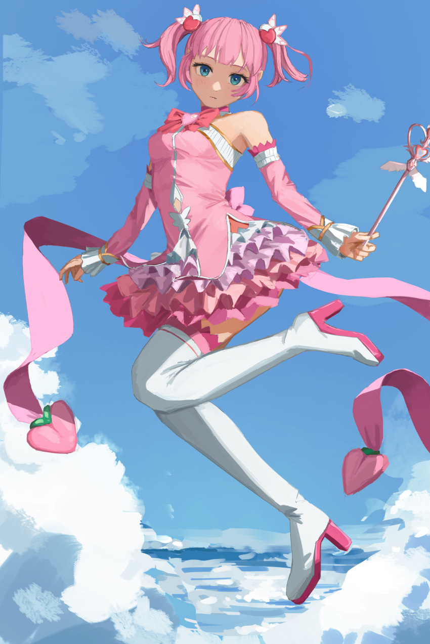 1girl absurdres alternate_costume alternate_hairstyle blue_eyes blue_sky boots bow chiyoda_momo day detached_sleeves dress frilled_dress frills full_body hair_ornament high_heel_boots high_heels highres holding holding_wand looking_at_viewer machikado_mazoku magical_girl nemo_ringo outdoors pink_bow pink_dress pink_hair sky solo thigh_boots twintails wand