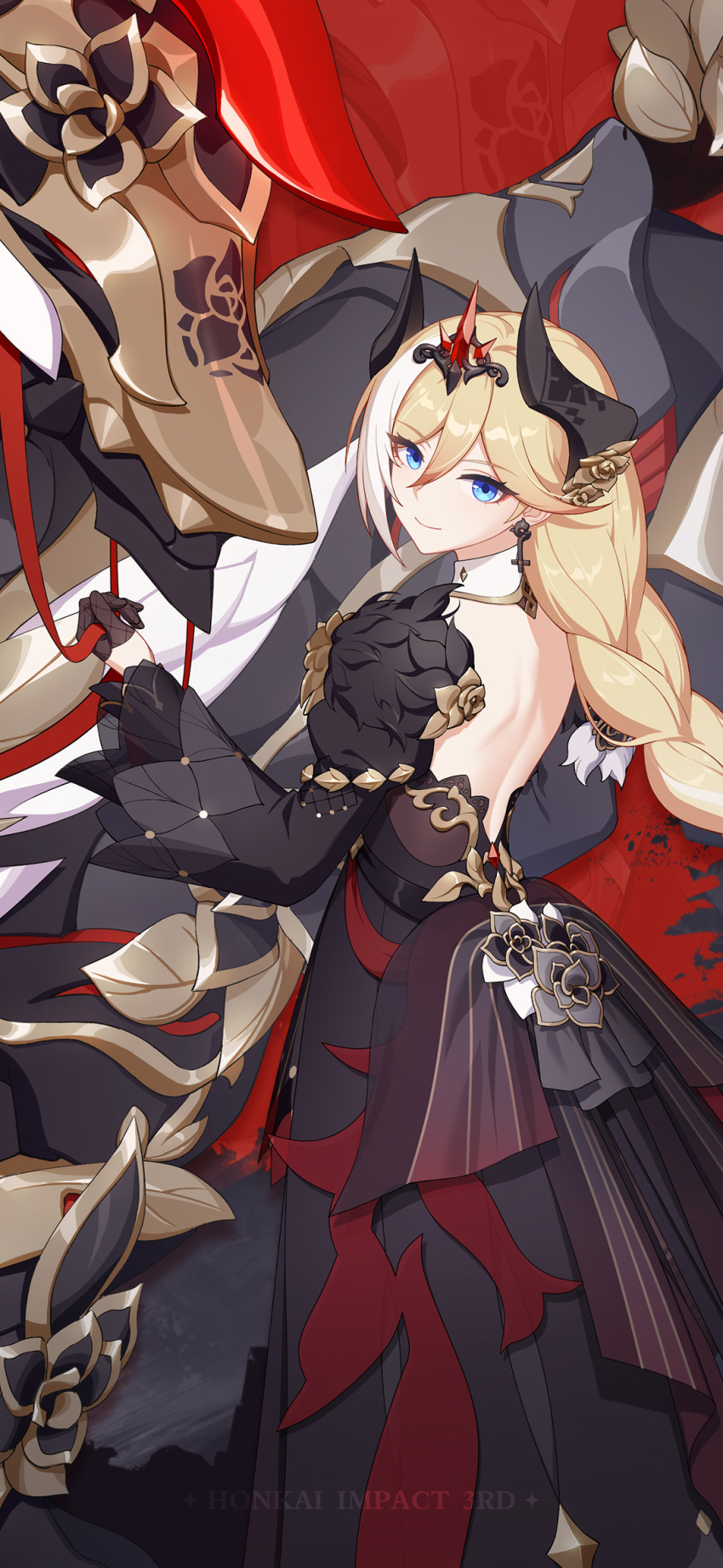 animal back barding bianka_durandal_ataegina bianka_durandal_ataegina_(palatinus_equinox) black_dress black_gloves blonde_hair blue_eyes braid dress earrings english_text gloves highres honkai_(series) honkai_impact_3rd horse jewelry krishna_(honkai_impact) long_hair looking_away multicolored_hair official_art official_wallpaper smile streaked_hair