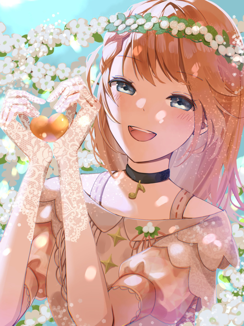 1girl aqua_background black_choker braid brown_hair choker chromatic_aberration cross-laced_clothes doily dot_nose dress eighth_note floating_hair floral_print flower gloves grey_eyes half-closed_eyes hanasato_minori hands_up happy head_wreath heart heart_hands highres lace lace_gloves laughing layered_sleeves leaf lens_flare light light_blush light_particles marutyun_(logout) medium_hair motion_blur musical_note musical_note_pendant open_mouth own_hands_together project_sekai puffy_short_sleeves puffy_sleeves rose_print short_sleeves sidelighting simple_background solo sunlight swept_bangs teeth upper_body upper_teeth_only white_dress white_flower white_gloves