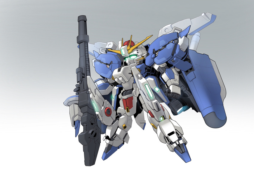 absurdres beam_rifle chibi clenched_hand energy_gun ex-s_gundam full_body glowing glowing_eyes gradient_background green_eyes gundam gundam_sentinel highres looking_ahead mecha mobile_suit no_humans robot science_fiction solo v-fin weapon zakuma
