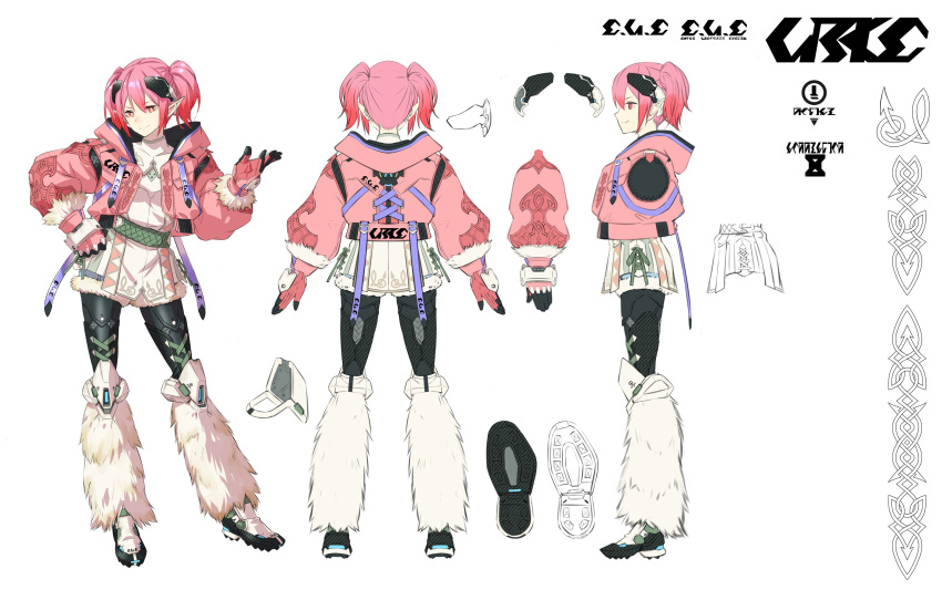 1girl absurdres concept_art fur-trimmed_gloves fur_trim gloves hand_on_hip highres hood hood_down hooded_jacket hoodie jacket official_art phantasy_star phantasy_star_online_2 phantasy_star_online_2_new_genesis pink_hair pink_hoodie short_twintails smile solo twintails