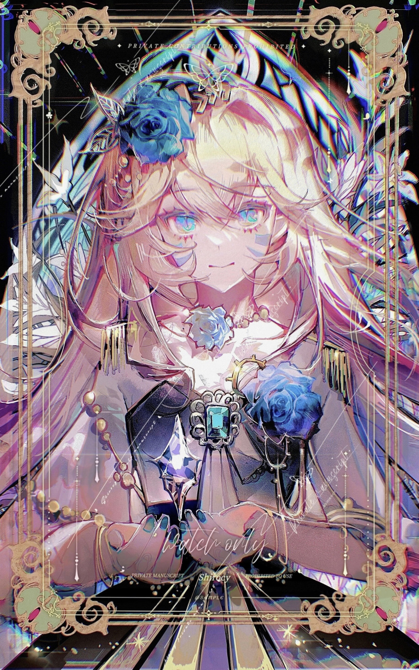 1girl absurdres blonde_hair blue_eyes blue_flower blue_gemstone blue_rose bug butterfly chromatic_aberration commission crossed_bangs crystal cupping_hands facial_mark flower gem hair_flower hair_ornament highres jiuyujianbaishi light_smile long_hair looking_at_viewer motion_blur original own_hands_together procreate_(medium) rose slit_pupils smile solo transparent_butterfly
