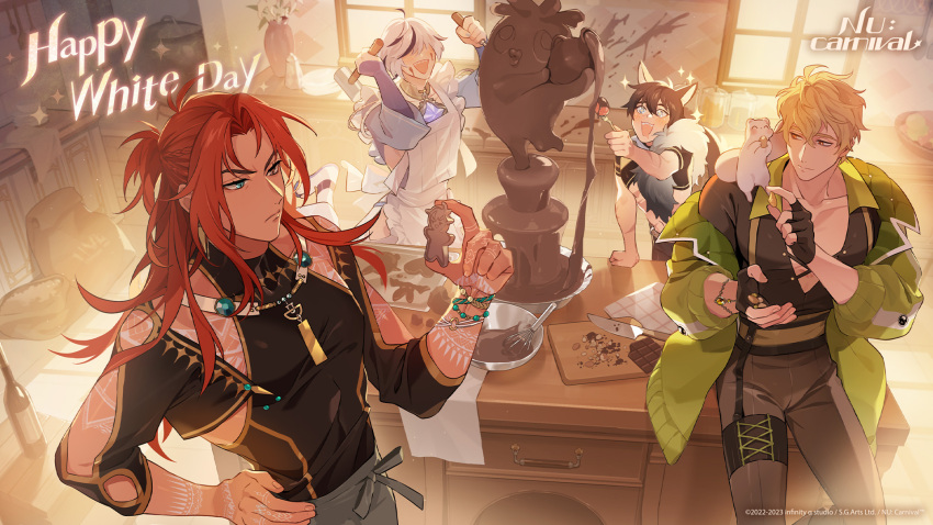 4boys :d animal animal_ears animal_on_shoulder apron arm_tattoo artist_request bishounen black_gloves blade_(nu_carnival) brown_hair chocolate chocolate_fountain commentary cutting_board dante_(nu_carnival) desk english_commentary english_text ermine fingerless_gloves food garu_(nu_carnival) gem gloves hair_over_eyes hand_on_hip heterochromia highres holding holding_food indoors jewelry kitchen knife male_focus mixing_bowl multicolored_hair multiple_boys nu_carnival official_art official_wallpaper quincy_(nu_carnival) sharp_teeth short_hair sitting smile standing streaked_hair tattoo teeth topper_(nu_carnival) weasel whisk white_hair wolf_boy wolf_ears