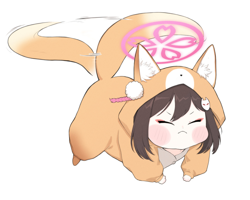 1girl alternate_costume animal_costume animal_ear_fluff animal_ears animal_hood black_hair blue_archive blush_stickers chibi commentary_request eyeshadow flying fox_costume fox_ears fox_girl fox_hair_ornament fox_hood fox_tail full_body hair_between_eyes hair_ornament halo hood izuna_(blue_archive) looking_at_viewer makeup medium_hair parody pom_pom_(clothes) pom_pom_hair_ornament sidelocks simple_background solo sonic_(series) tail tail_wagging tails_(sonic) white_background yosik