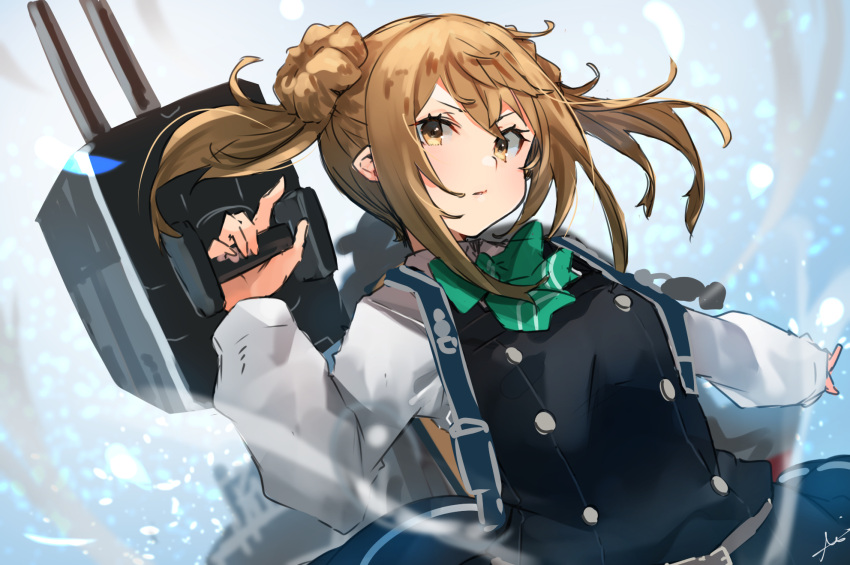 1girl black_dress bow bowtie brown_eyes collared_shirt double_bun dress green_bow green_bowtie hair_between_eyes hair_bun highres holding kantai_collection light_brown_hair long_hair long_sleeves machinery michishio_(kancolle) michishio_kai_ni_(kancolle) rigging shirt solo sunday_aki turret two_side_up upper_body white_shirt