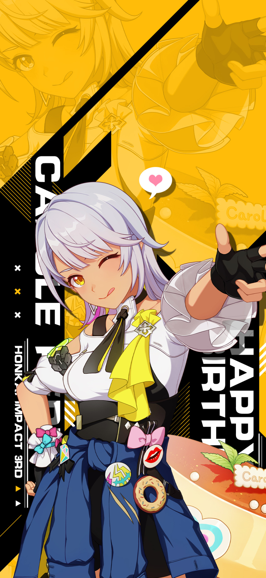 1girl :p breasts cake carole_peppers character_name english_text fingerless_gloves food gloves grey_hair hand_on_hip happy_birthday heart highres honkai_(series) honkai_impact_3rd looking_at_viewer medium_breasts official_art official_wallpaper one_eye_closed pink_ribbon ribbon short_hair solo speech_bubble three-finger_salute tongue tongue_out upper_body yellow_eyes