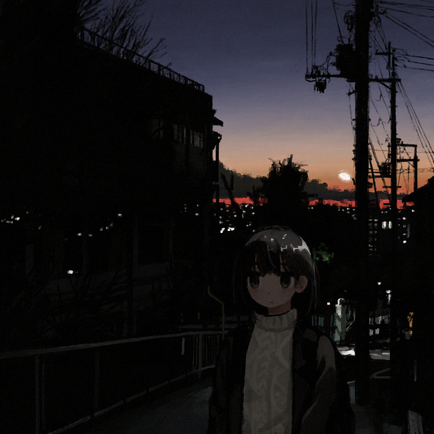 1girl absurdres black_eyes black_hair black_jacket blue_sky building city city_lights evening gradient_sky highres jacket open_clothes open_jacket orange_sky original power_lines scenery sky solo sweater turtleneck turtleneck_sweater uniunimikan utility_pole