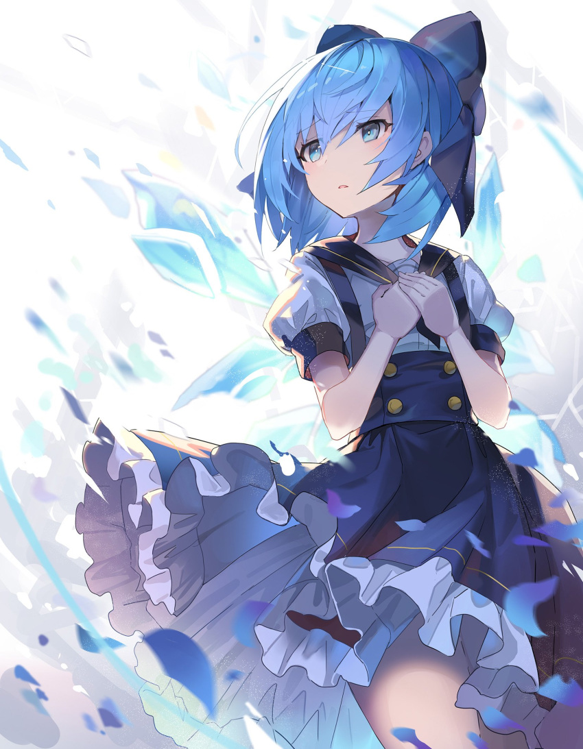 1girl alternate_costume blue_bow blue_eyes blue_hair blue_skirt bow cirno commentary_request cowboy_shot falken_(yutozin) hair_between_eyes hair_bow hands_on_own_chest high-waist_skirt highres ice ice_wings own_hands_together parted_lips petticoat puffy_short_sleeves puffy_sleeves revision shirt short_hair short_sleeves skirt solo standing suspender_skirt suspenders touhou white_background wings