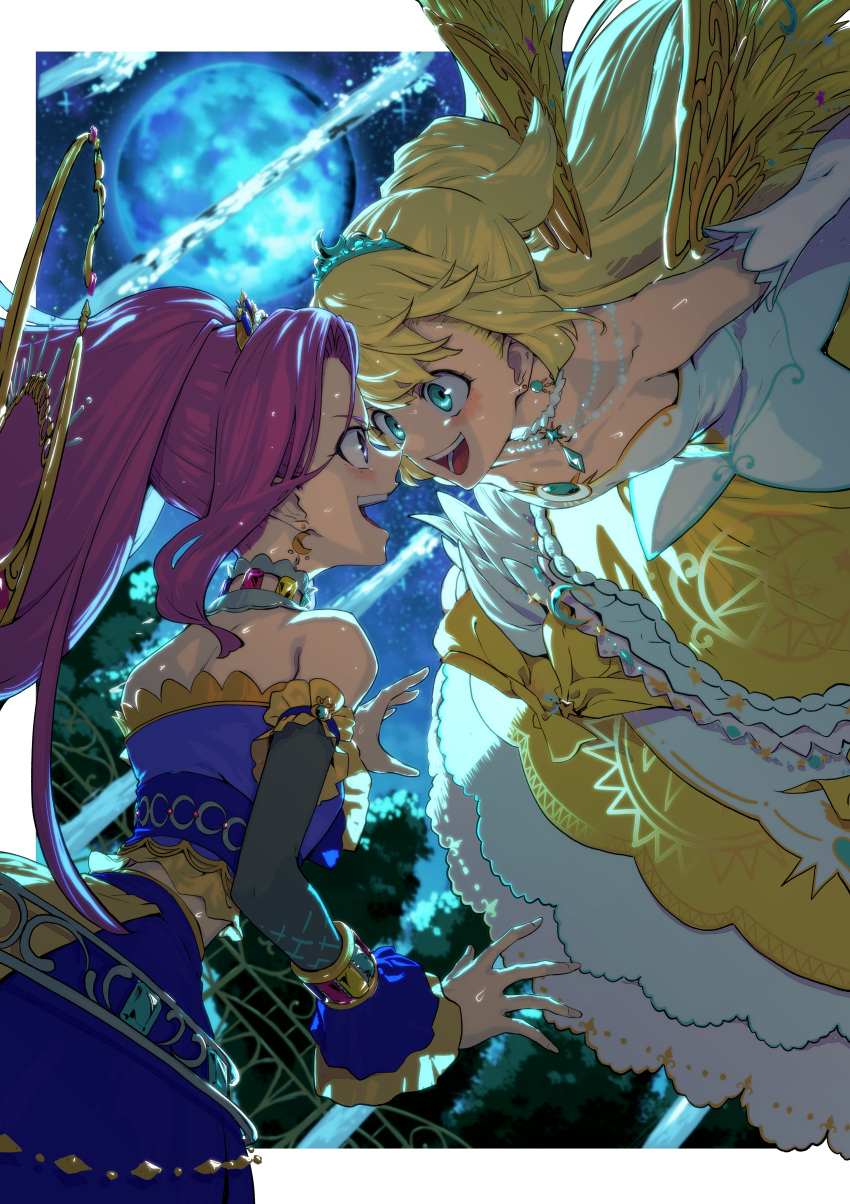 2girls :d absurdres after_(artist) aikatsu! aikatsu!_(series) aikatsu_on_parade! aikatsu_stars! bare_shoulders blonde_hair choker crop_top detached_sleeves dress earrings elbow_gloves eye_contact face-to-face frills full_moon gloves green_eyes hair_ornament highres jewelry kanzaki_mizuki leaning_forward long_hair long_sleeves looking_at_another midriff moon multiple_girls necklace night night_sky open_mouth outdoors ponytail purple_hair shiratori_hime skirt sky smile star_(sky) star_(symbol) starry_sky strapless strapless_dress teeth tiara tree upper_teeth_only very_long_hair violet_eyes white_dress white_gloves wings yellow_wings