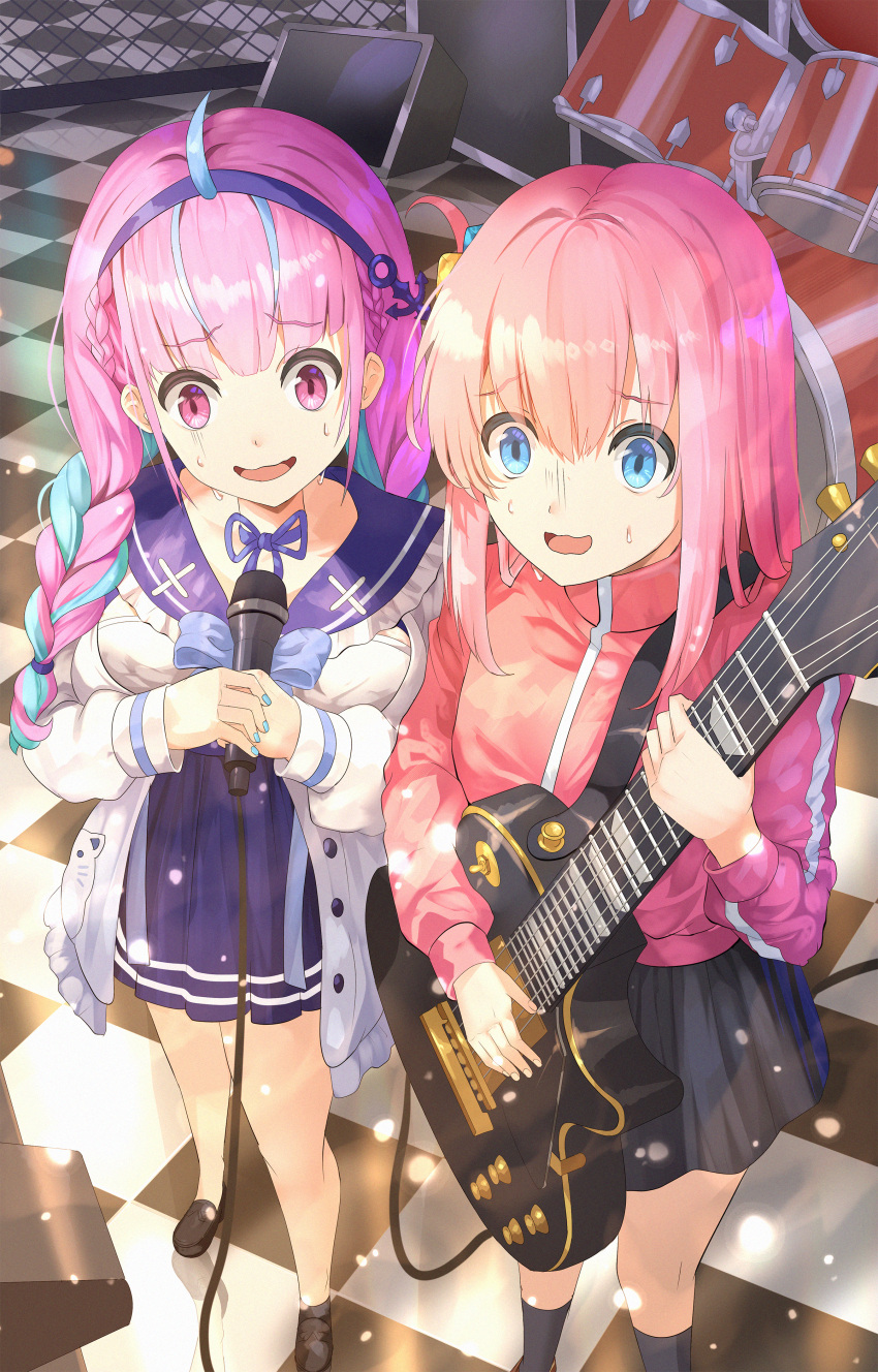 2girls absurdres ahoge blue_eyes blue_hair blue_hairband bocchi_the_rock! braid breasts commentary drum drum_set electric_guitar english_commentary gotou_hitori guitar hairband highres holding holding_microphone hololive instrument jacket low_twin_braids medium_breasts microphone minato_aqua miniskirt mixed-language_commentary multicolored_hair multiple_girls nervous pink_eyes pink_hair skirt streaked_hair sweat sysen track_jacket trait_connection twin_braids two-tone_hair virtual_youtuber wavy_mouth