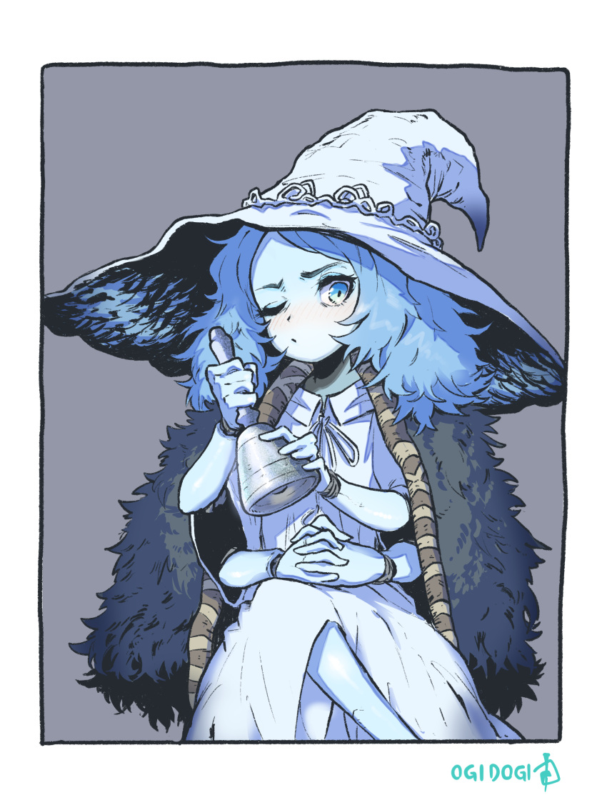 1girl absurdres bell blue_eyes blue_hair blue_skin blush cloak colored_skin commentary crossed_legs doll_joints dress elden_ring extra_arms fur_cloak handbell hat hat_ornament highres holding holding_bell interlocked_fingers joints long_hair looking_at_viewer ogidoge one_eye_closed own_hands_together ranni_the_witch solo white_dress witch_hat