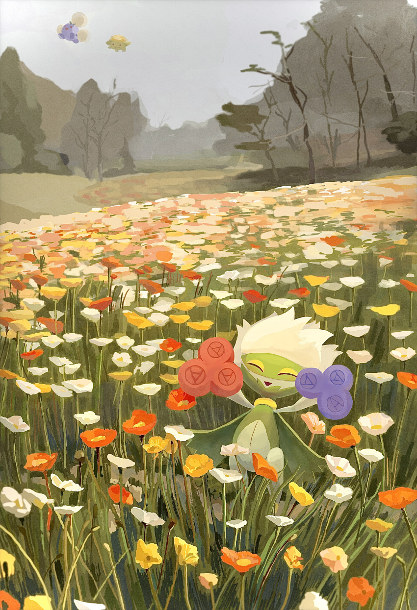 :d absurdres closed_eyes commentary_request day field flower flower_field flying grass highres jumpluff open_mouth outdoors pokemon pokemon_(creature) roserade skiploom smile tree zai_(3333333333353pk)