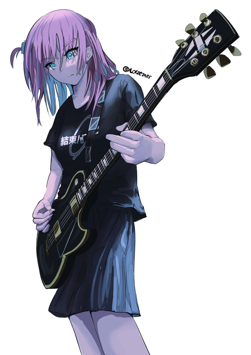 1girl absurdres airfryer1892 black_shirt black_skirt blue_eyes blue_hair bocchi_the_rock! colored_inner_hair english_commentary frown gotou_hitori guitar hair_behind_ear highres holding holding_plectrum instrument long_hair looking_down multicolored_hair music one_side_up pink_hair playing_instrument plectrum shirt skirt solo twitter_username v-shaped_eyebrows