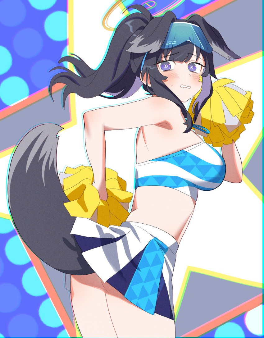 absurdres animal_ears black_hair blue_archive cheerleader dog_ears dog_tail grey_hair hibiki_(blue_archive) hibiki_(cheerleader)_(blue_archive) highres jiki_(gkdlfnzo1245) looking_at_viewer medium_hair pom_pom_(cheerleading) ponytail tail violet_eyes