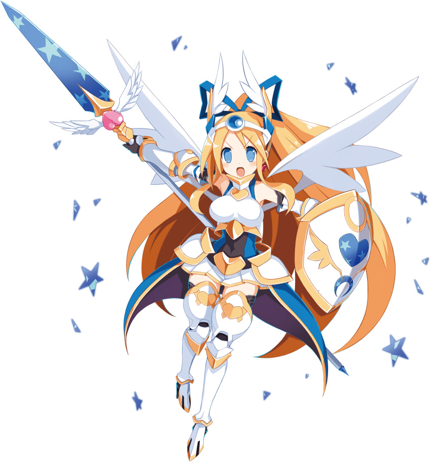 1girl angel angel_wings armor armored_boots blonde_hair blue_eyes blush boots bow disgaea disgaea_rpg feathered_wings flonne full_body hair_bow head_wings highres holding holding_polearm holding_shield holding_weapon long_hair no_pupils non-web_source official_art open_mouth photoshop_(medium) pleated_skirt polearm shield skirt solo transparent_background very_long_hair weapon white_wings wings