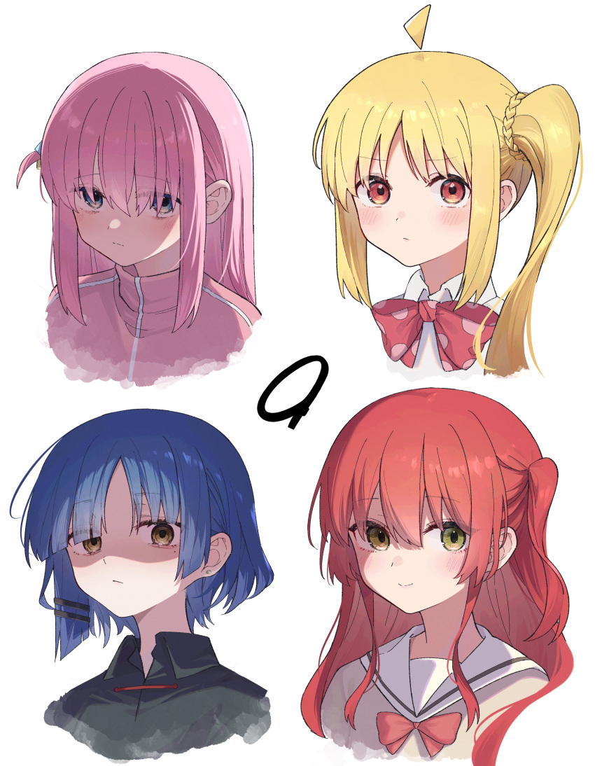 4girls absurdres asymmetrical_sidelocks black_shirt blonde_hair blue_eyes blue_hair blush bocchi_the_rock! bow bowtie brown_eyes brown_shirt cable_tie closed_mouth collared_shirt commentary cropped_shoulders dot_nose ear_piercing expressionless gloom_(expression) gotou_hitori green_eyes hair_ornament hair_over_eyes hairclip highres ijichi_nijika jacket kita_ikuyo long_hair looking_at_viewer medium_hair multiple_girls nenehotoso one_side_up piercing pink_hair pink_jacket pink_track_suit red_bow red_bowtie redhead sailor_collar school_uniform shaded_face shirt short_hair shuka_high_school_uniform side_ponytail sidelocks simple_background smile symbol-only_commentary upper_body v-shaped_eyebrows white_background white_sailor_collar white_shirt yamada_ryou