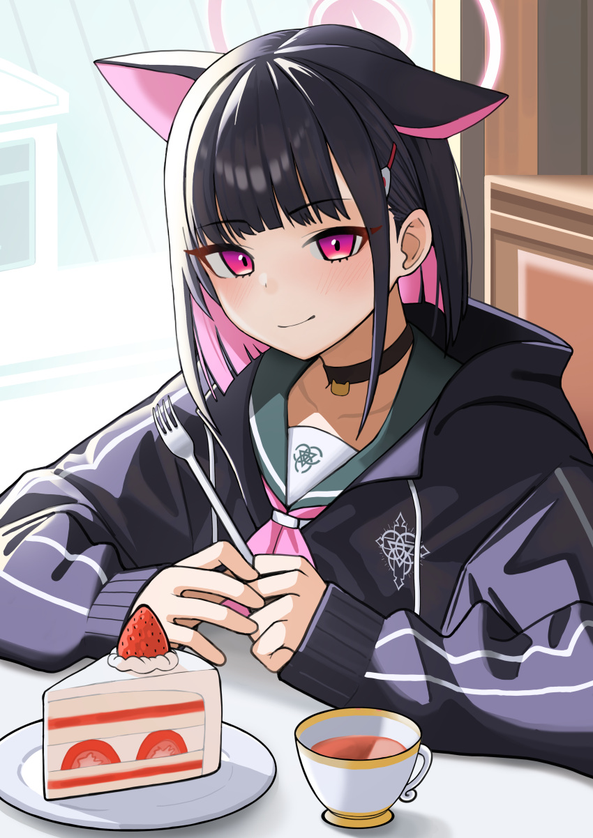 1girl absurdres animal_ears black_choker black_hair blue_archive blue_jacket booth_seating cake cat_ears choker closed_mouth collarbone cup food fork halo highres indoors jacket kazusa_(blue_archive) light_blush looking_at_viewer momocadraw multicolored_hair neckerchief pink_eyes pink_hair pink_neckerchief sailor_collar sitting smile solo strawberry_shortcake table tea teacup two-tone_hair