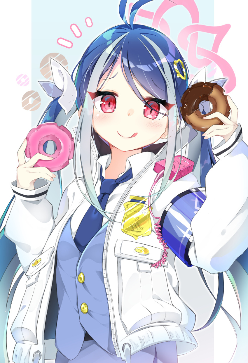 1girl :q absurdres antenna_hair black_hair blue_archive collared_shirt commentary_request doughnut dual_wielding food fubuki_(blue_archive) hair_between_eyes hair_ornament halo heart heart_hair_ornament highres holding holding_food long_hair long_sleeves looking_at_viewer multicolored_hair pencil_skirt police police_badge police_uniform policewoman red_eyes shirt sidelocks skirt smile solo streaked_hair toketacocoa tongue tongue_out twintails two-tone_hair uniform walkie-talkie