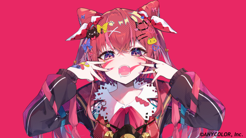 1girl amagase_muyu animal_(vocaloid) bandaid bandaid_on_hand black_jacket blue_bow bow brown_hair cat_hair_ornament collared_jacket commentary_request cone_hair_bun copyright_name drooling eita_789 facial_mark fangs fingers_to_cheeks hair_between_eyes hair_bun hair_ornament hair_ribbon hairclip hands_up heart heart_hair_ornament highres jacket long_hair long_sleeves looking_at_viewer multicolored_hair nail_art nail_polish neck_ribbon nijisanji official_art open_mouth pink_background pink_bow pink_hair red_bow red_ribbon ribbon saliva simple_background solo streaked_hair twintails upper_body violet_eyes virtual_youtuber yellow_bow
