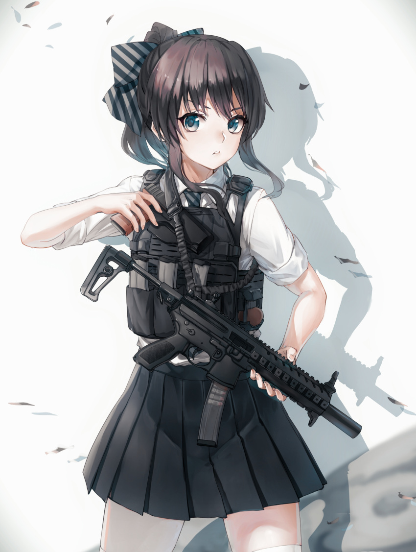 1girl absurdres aqua_eyes black_skirt blue_eyes bow brown_hair collared_shirt cowboy_shot floating_hair grey_skirt gun hair_bow handgun highres holding holding_gun holding_weapon holstered_weapon load_bearing_vest looking_at_viewer magazine_(weapon) necktie original parted_lips pleated_skirt ponytail shadow shirt short_sleeves sidelocks skirt sleeves_rolled_up solo standing striped striped_bow striped_necktie submachine_gun tactical_clothes thigh-highs tuzik10 weapon white_background white_shirt white_thighhighs