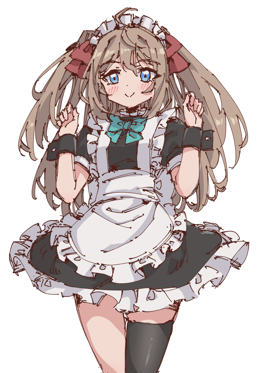 1girl absurdres alternate_costume apron arms_up asymmetrical_legwear black_thighhighs blue_eyes blush bow chinese_commentary commentary cowlick english_commentary enmaided frilled_apron frills green_bow highres indie_virtual_youtuber live2d_inc. maid maid_apron maid_headdress momose_hiyori neuro-sama rune_(dualhart) sidelocks simple_background sketch smile solo thigh-highs twintails virtual_youtuber white_background wrist_cuffs