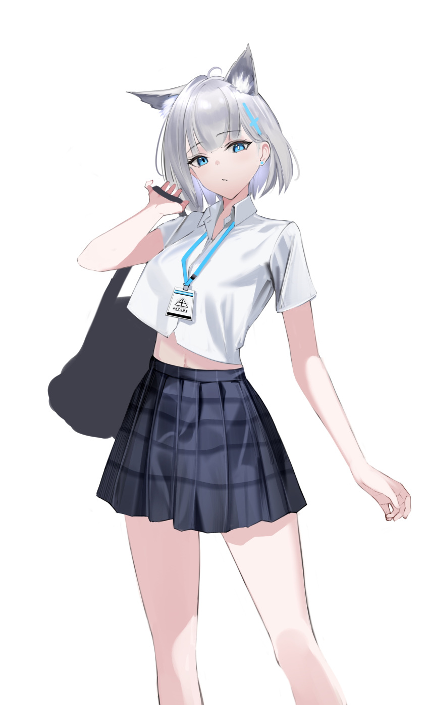 1girl absurdres animal_ears blue_archive blue_eyes breasts cross_hair_ornament dusk_wanshang extra_ears grey_hair hair_ornament highres looking_at_viewer medium_breasts mismatched_pupils pleated_skirt school_uniform shiroko_(blue_archive) shirt short_hair simple_background skirt solo white_background wolf_ears