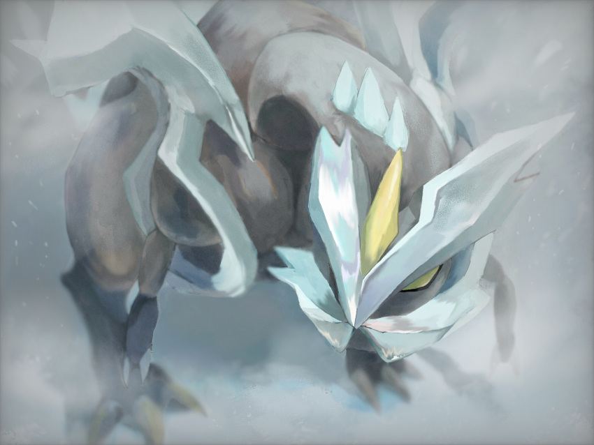 animal_focus blurry claws closed_mouth commentary_request fog highres kyurem no_humans pokemon pokemon_(creature) solo standing yellow_eyes zai_(3333333333353pk)