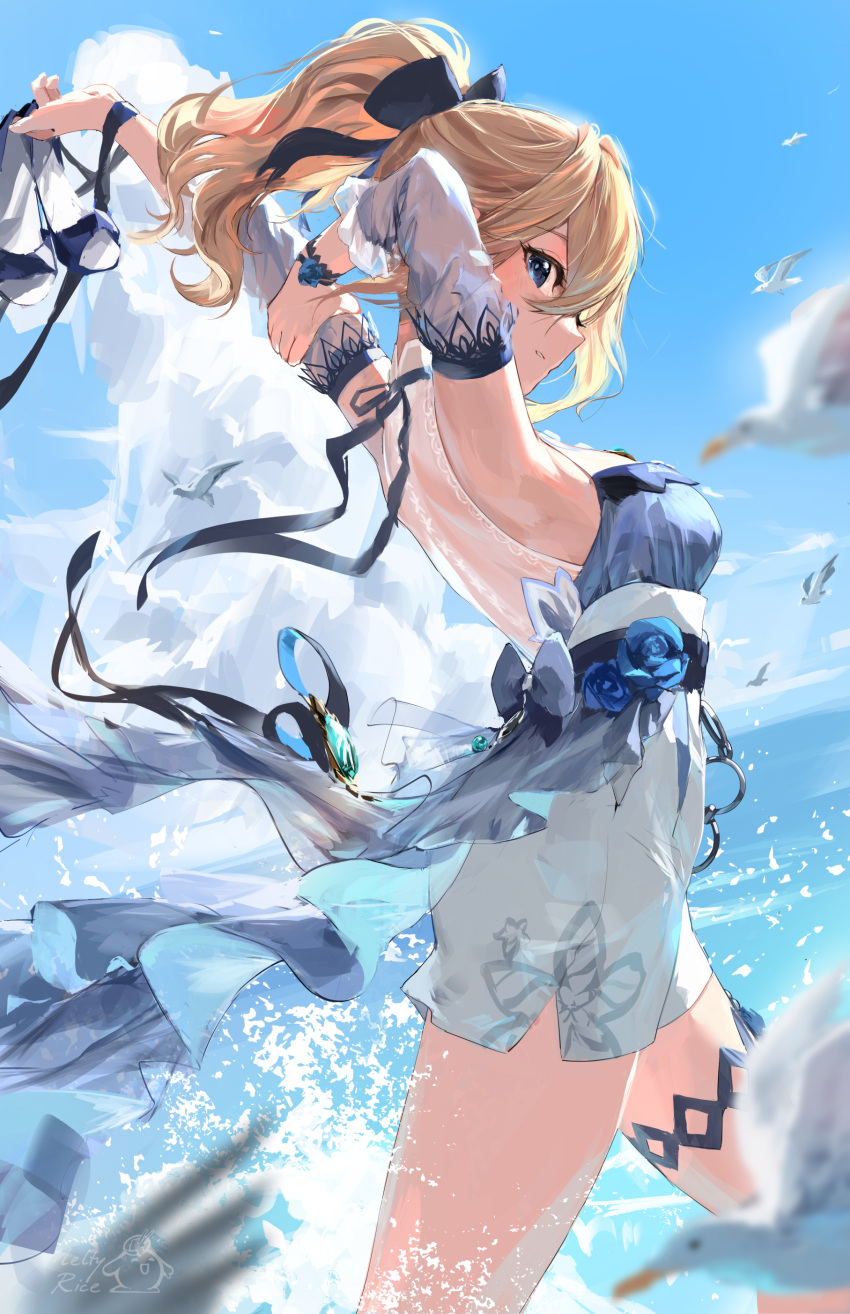absurdres aqua_flower armpits arms_up bare_shoulders bird blonde_hair blue_eyes blue_shirt blue_sky bow day detached_sleeves from_side genshin_impact hair_between_eyes hair_bow high-waist_shorts high_heels high_ponytail highres holding_own_arm jean_(genshin_impact) jean_(sea_breeze_dandelion)_(genshin_impact) looking_to_the_side meltyrice ocean official_alternate_costume partially_submerged ponytail shirt shorts sky solo splashing vision_(genshin_impact) water white_shorts