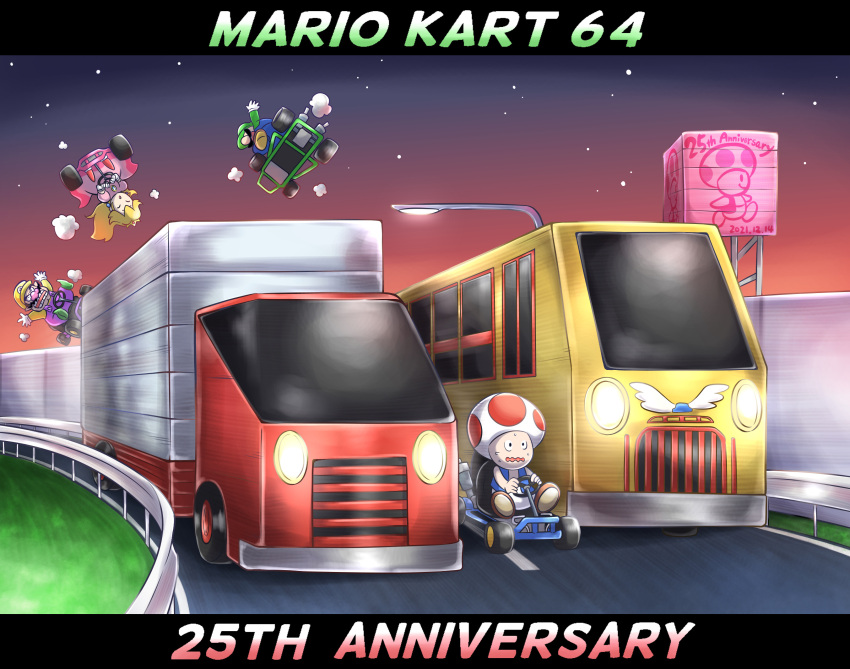 1girl 3boys anniversary aogaeru_(pixiv46613656) arms_up blonde_hair blue_pants blue_vest brown_footwear bus closed_eyes commentary_request copyright_name dated driving facial_hair go-kart gradient_sky grass green_footwear green_headwear green_shirt guard_rail hat highres lamppost letterboxed long_hair luigi mario_kart mario_kart_64 motor_vehicle multiple_boys mustache nervous night open_mouth outdoors overalls pants ponytail princess_peach purple_overalls purple_pants road scared semi_truck shirt shoes sign sitting sky star_(sky) steering_wheel street super_mario_bros. sweat toad_(mario) truck vest wario wavy_mouth yellow_headwear yellow_shirt