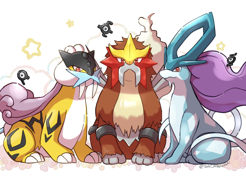 artist_name claws closed_mouth commentary_request entei fangs full_body highres looking_at_viewer no_humans pokemon pokemon_(creature) raikou red_eyes saki_pokeoekaki simple_background sitting star_(symbol) suicune twitter_username unown unown_e unown_r unown_s white_background