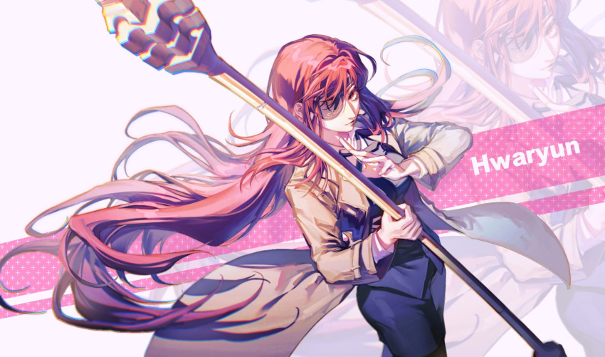 1girl black_pants black_vest character_name closed_mouth coat collared_shirt english_text eyepatch highres holding holding_polearm holding_weapon hwa_ryun long_hair long_sleeves looking_at_viewer open_clothes open_coat pants polearm red_eyes redhead shancunyinian shirt smile tower_of_god trench_coat very_long_hair vest weapon white_shirt