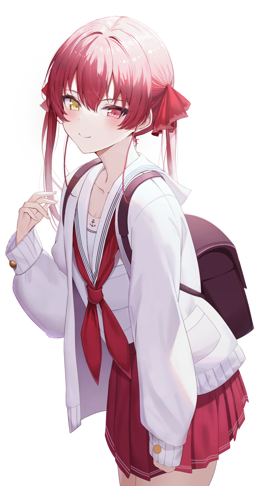 1girl absurdres backpack bag blush hair_ornament hair_ribbon heterochromia highres hololive houshou_marine kinsuke_z long_hair looking_at_viewer red_eyes red_ribbon redhead ribbon school_uniform serafuku simple_background skirt smile solo sweater twintails virtual_youtuber white_background yellow_eyes