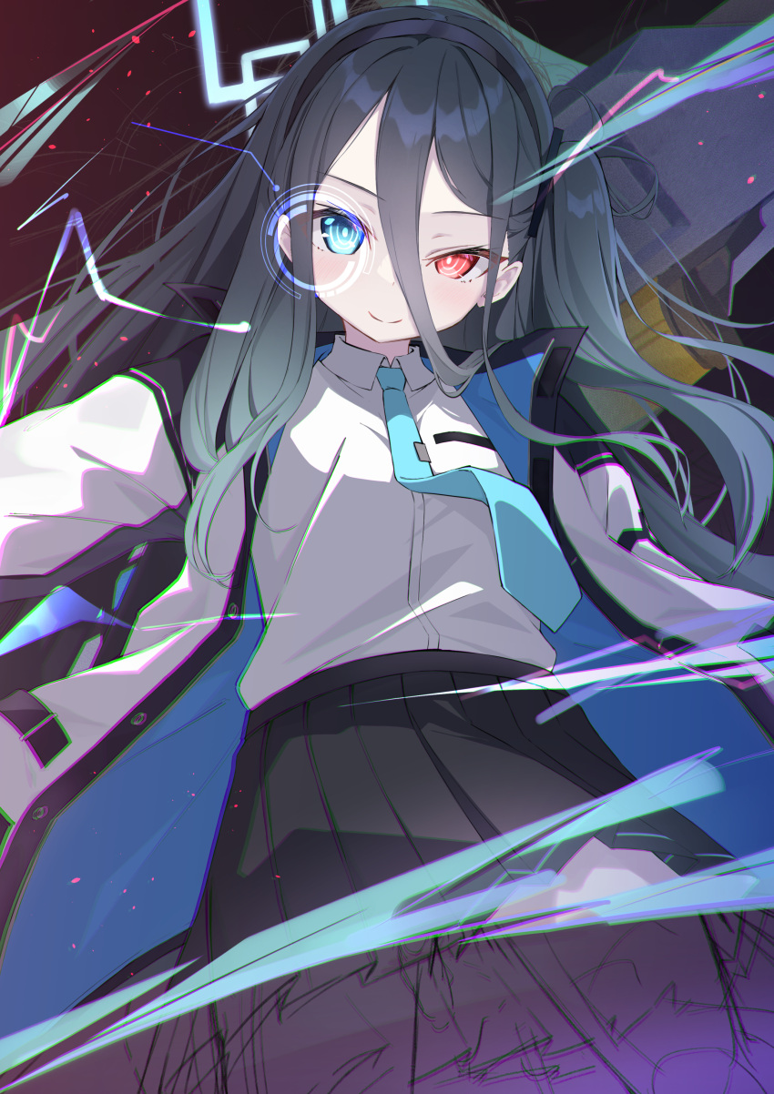 &lt;key&gt;_(blue_archive) 1girl absurdly_long_hair absurdres aris_(blue_archive) black_hair black_skirt blue_archive collared_shirt commentary_request fusion hair_between_eyes hair_ornament hairband halo heterochromia highres hood hooded_jacket jacket long_hair long_sleeves looking_at_viewer necktie one_side_up open_clothes open_jacket pleated_skirt school_uniform shirt sidelocks skirt smile solo toketacocoa very_long_hair wind